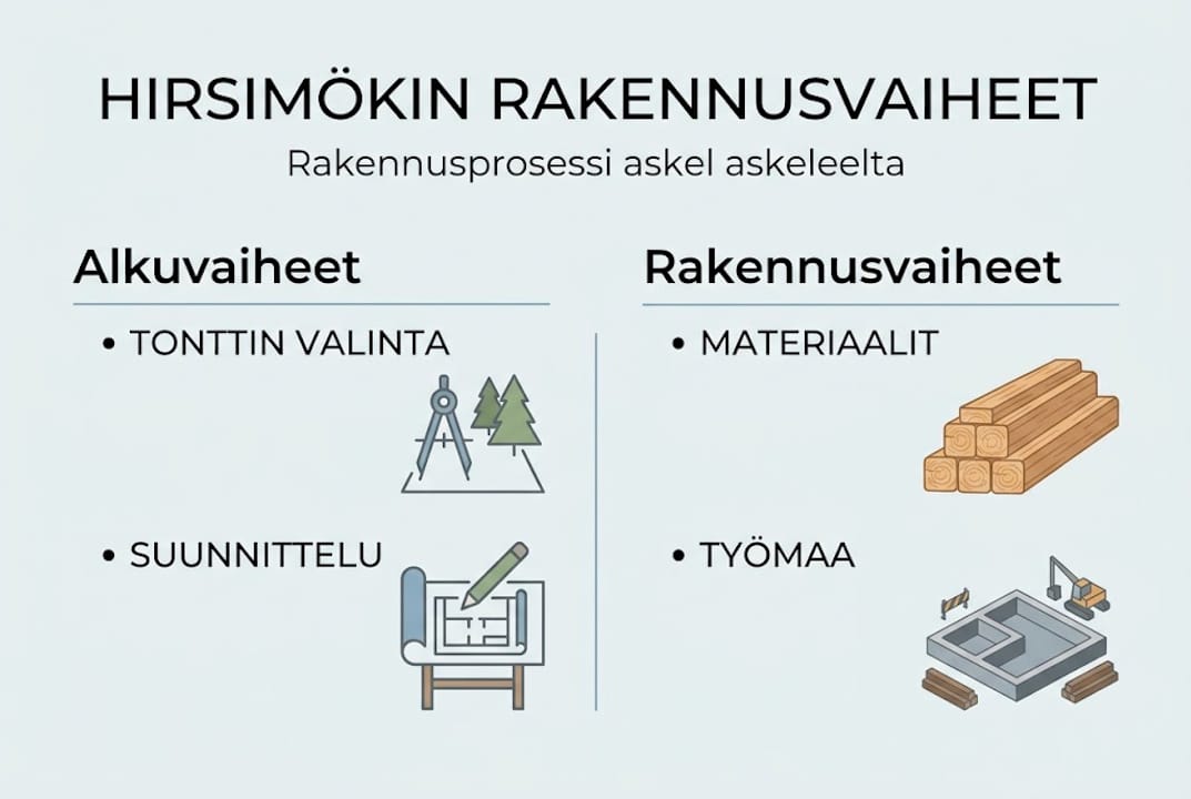 Havainnollinen kuvaus hirsimökin rakentamisen eri vaiheista