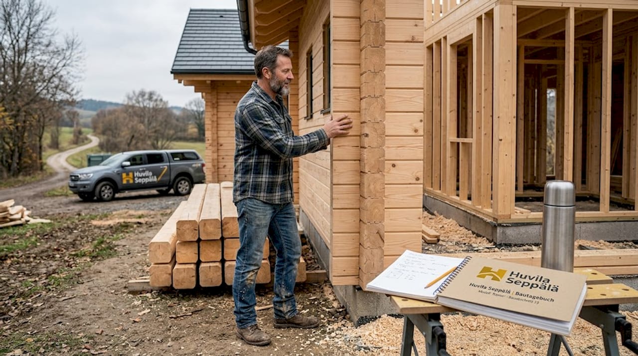 Ein Bauarbeiter begutachtet den Holzrahmenbau sowie das Blockhaus, um die Qualität und Stabilität der Konstruktion zu überprüfen.