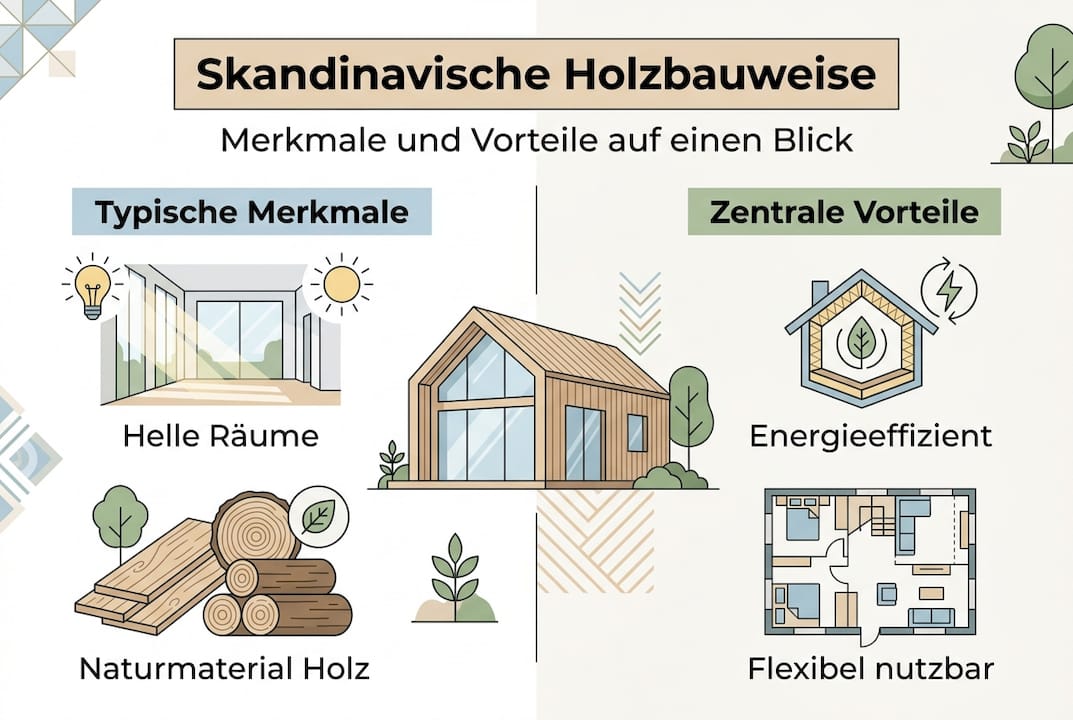 Übersicht der wichtigsten Eigenschaften und Vorteile des Bauens mit Holz – anschaulich dargestellt in einer Infografik.