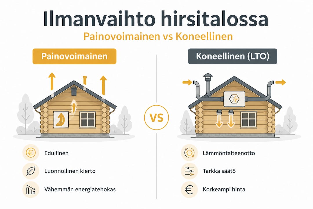 Hirsirakennuksen ilmanvaihto: paras ratkaisu terveelliseen sisäilmaan 2 Tässä infografiikassa käydään läpi kahden erilaisen ilmanvaihtoratkaisun plussat ja miinukset hirsitalossa.