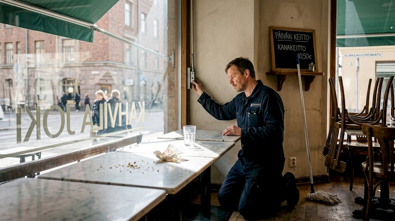 Kahvilan markiisia tarkastetaan kaupungin keskellä – huoltoasentaja varmistaa, että kaikki toimii kuten pitää.