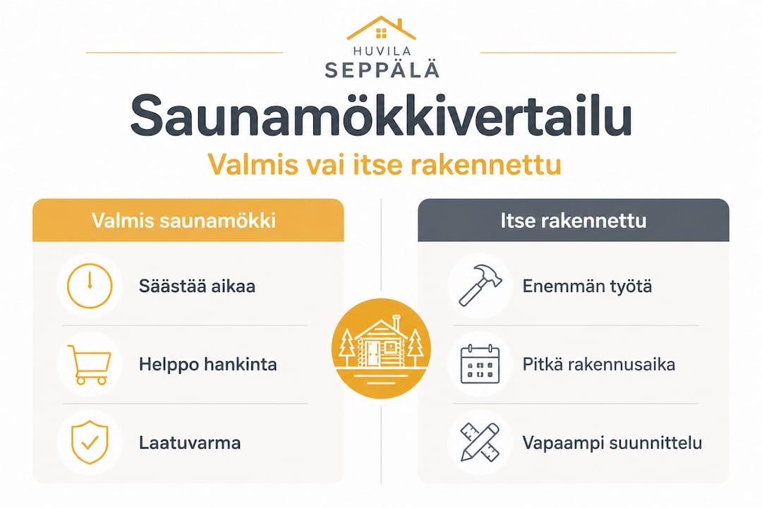 Kuvallinen vertailu erilaisista saunamökkivaihtoehdoista