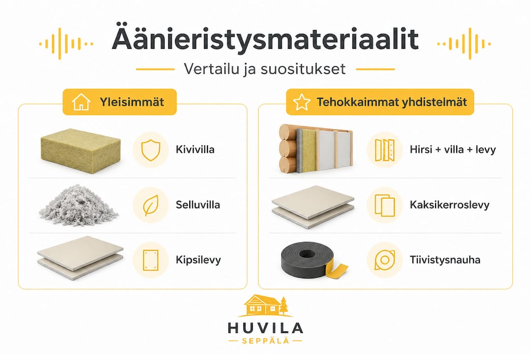 Tehokas hirsirakennuksen äänieristys: vinkit rakentajalle 3 Infografiikka: Kaksi materiaaliryhmää äänieristysominaisuuksien vertailussa