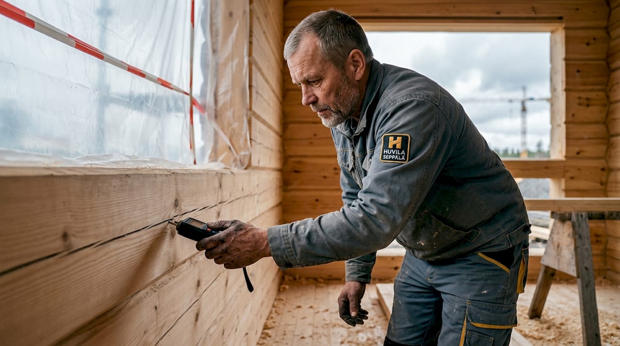 Holzschutz beim Bau: Risiken minimieren und Langlebigkeit sichern 2 Ein Handwerker prüft den Feuchtigkeitsgehalt in den Holzbalken.