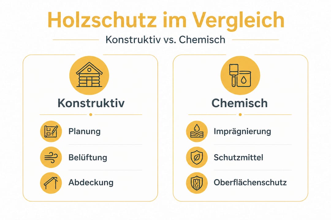 Holzschutz beim Bau: Risiken minimieren und Langlebigkeit sichern 3 Eine Infografik stellt die Unterschiede zwischen konstruktivem und chemischem Holzschutz übersichtlich gegenüber.