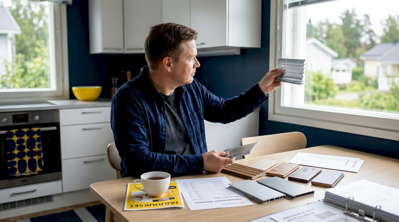 Mies vertailee erilaisia sälekaihdinmateriaaleja keittiön pöydän ääressä.