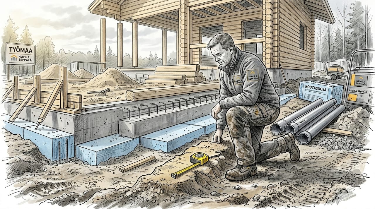 Omakotitalon suunnitteluohje: näin onnistut puukonstruktioissa 3 Urakoitsija tarkistaa perustusten routaeristeet työmaalla.
