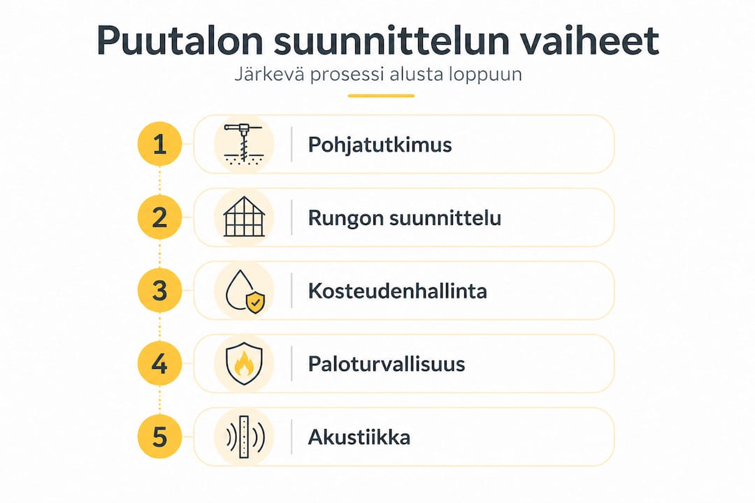 Omakotitalon suunnitteluohje: näin onnistut puukonstruktioissa 2 Havainnollinen kuva: viisi vaihetta hirsitalon suunnitteluun