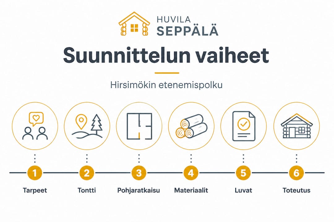 Hirsimökin suunnittelun vaiheet selkeästi infografiikassa