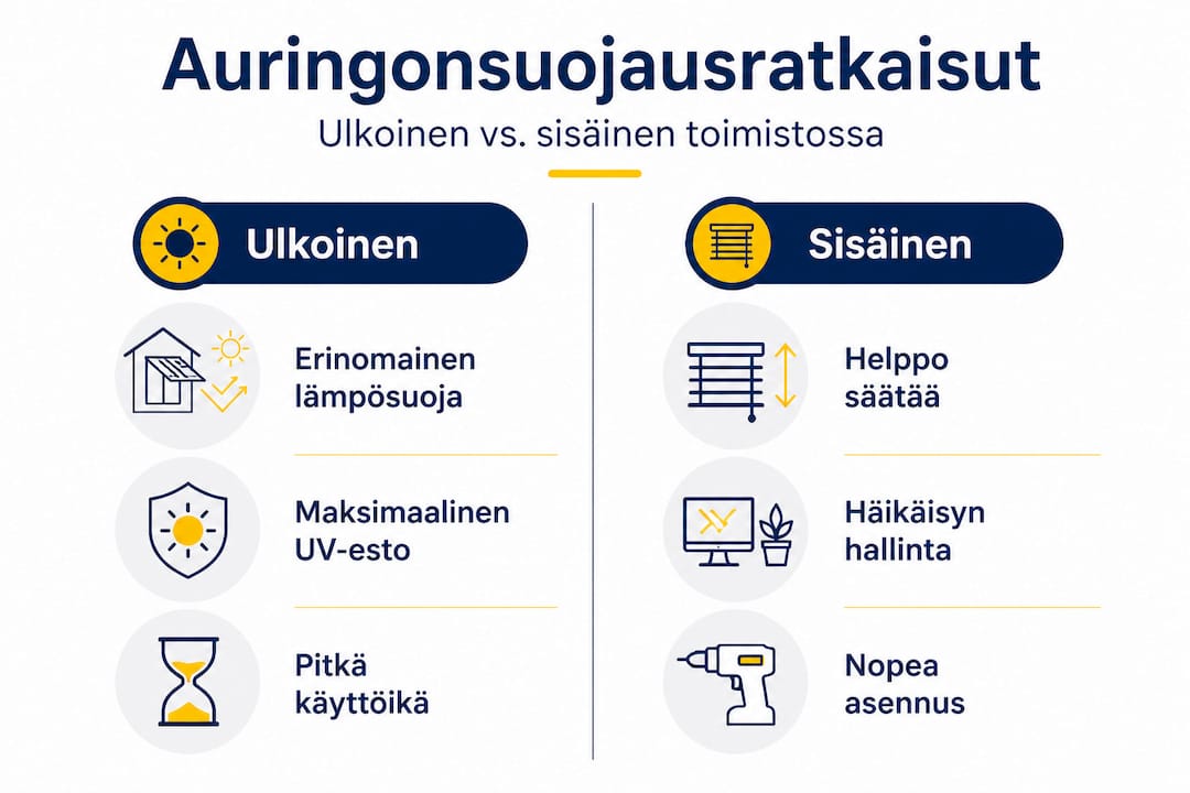 Havainnollinen vertailu ulkoisen ja sisäisen auringonsuojauksen eduista ja eroista