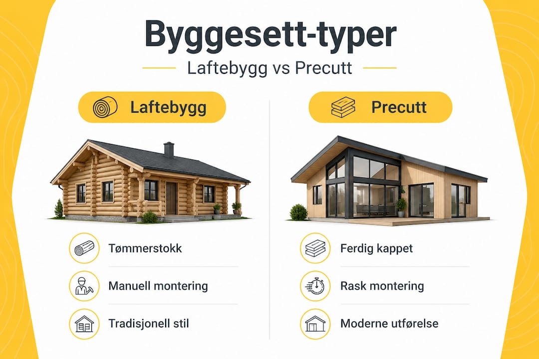 Forklaring på byggesett: Slik velger du riktig til din hytte 2 Her får du en oversiktlig infografikk som viser de viktigste forskjellene mellom ulike typer byggesett.
