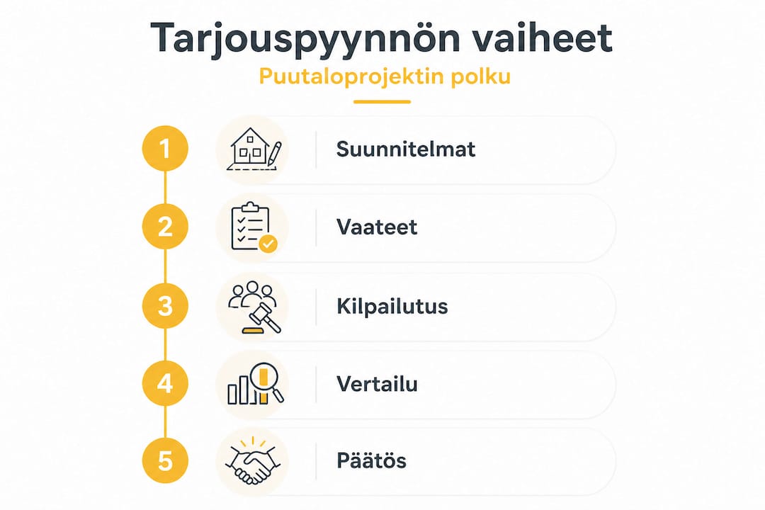 Tarjouspyyntö puutaloprojektiin: vaihe vaiheelta onnistumiseen 2 Puutalon tarjouspyynnön vaiheet – havainnollinen infografiikka