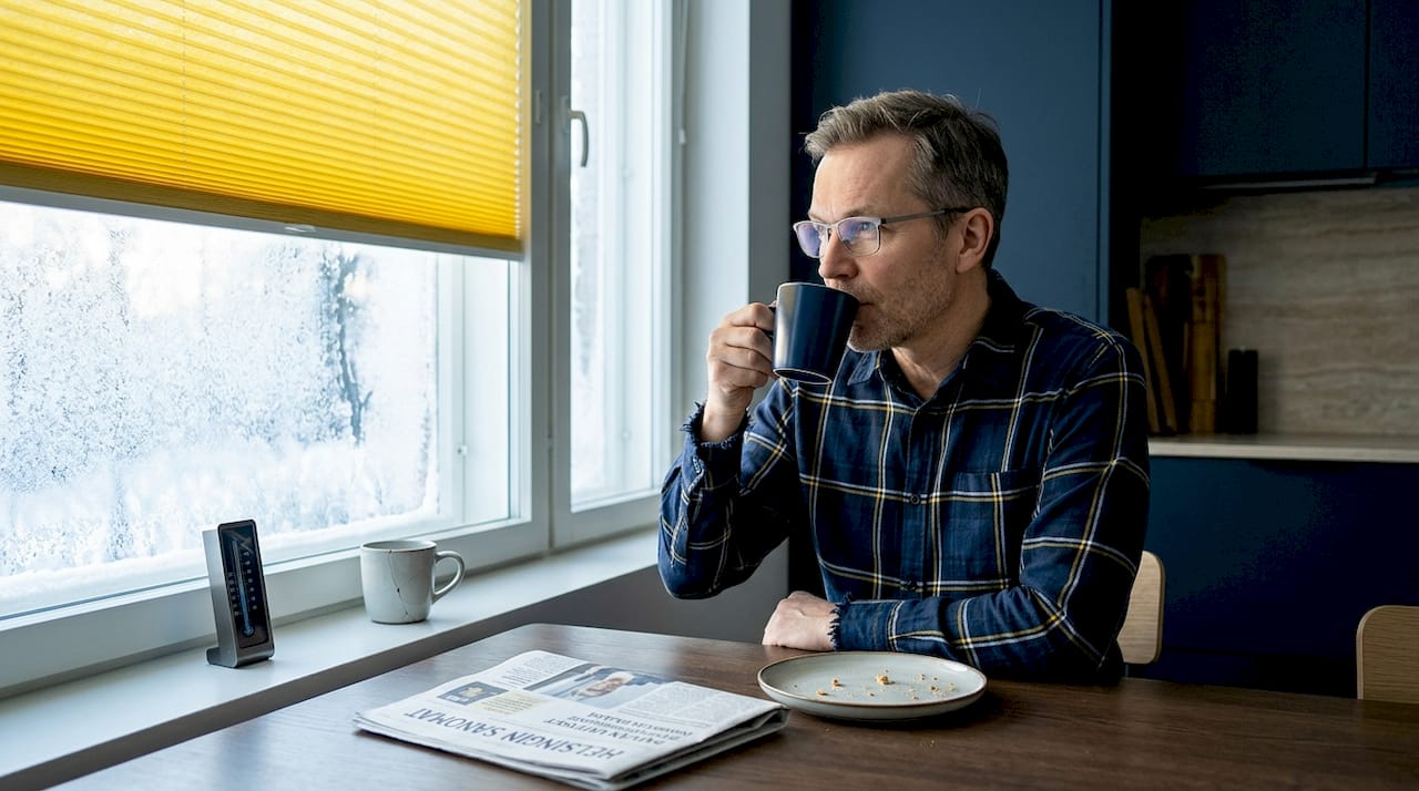 Mies istuu pöydän ääressä lähellä kennorakenteista eristettyä sälekaihdinta.