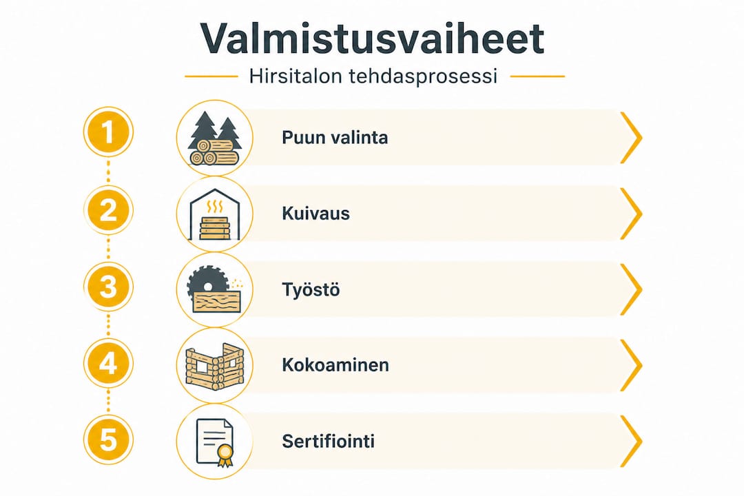 Näin valmistuu pohjoismainen hirsitalo: laatu ja prosessi 2 Havainnollinen esitys hirsitalotehtaan tuotantoprosessin vaiheista