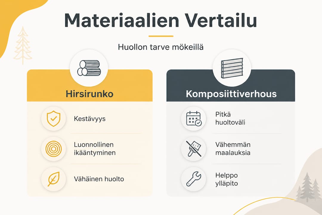 Huoltovapaa mökki: mitä se oikeasti tarkoittaa ja miten onnistut 3 Havainnollistava vertailu: hirsi vs. komposiittimateriaalit