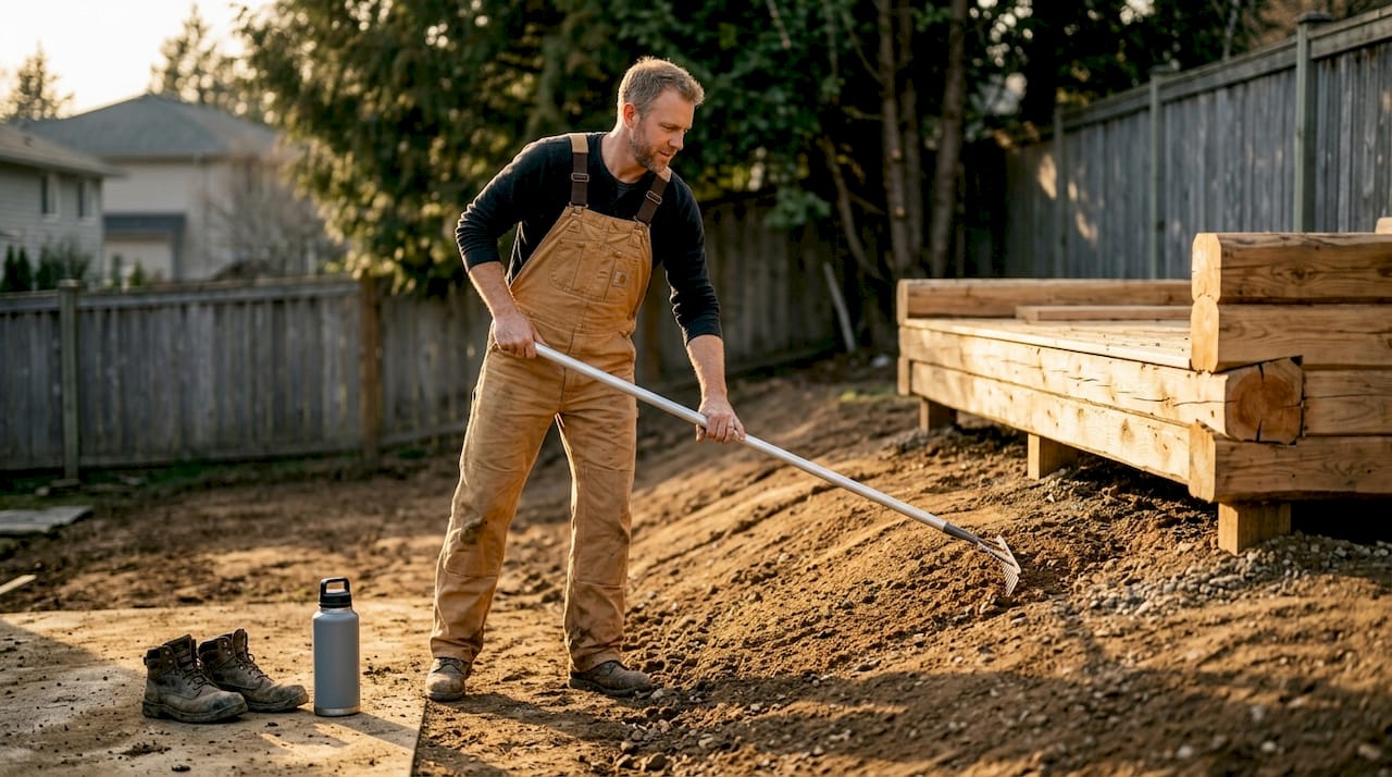 Step-by-step sauna installation: Build your outdoor retreat 2 Contractor grading soil for sauna site drainage