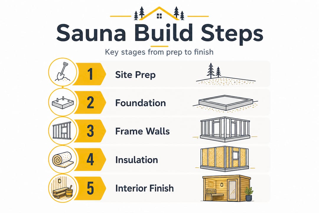 Step-by-step sauna installation: Build your outdoor retreat 3 Infographic showing sauna installation step-by-step