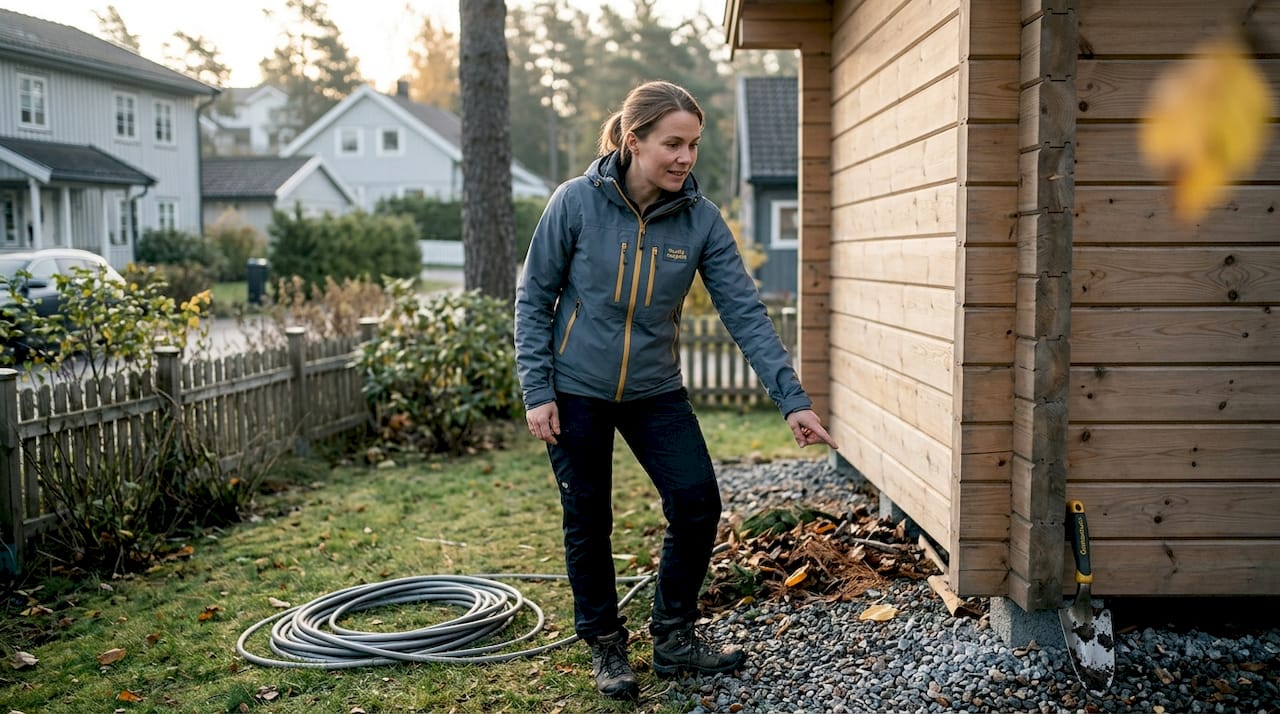 Offentlige krav til sauna: Slik bygger du riktig og trygt 3 En kvinne sjekker dreneringen ved utebadstuen.