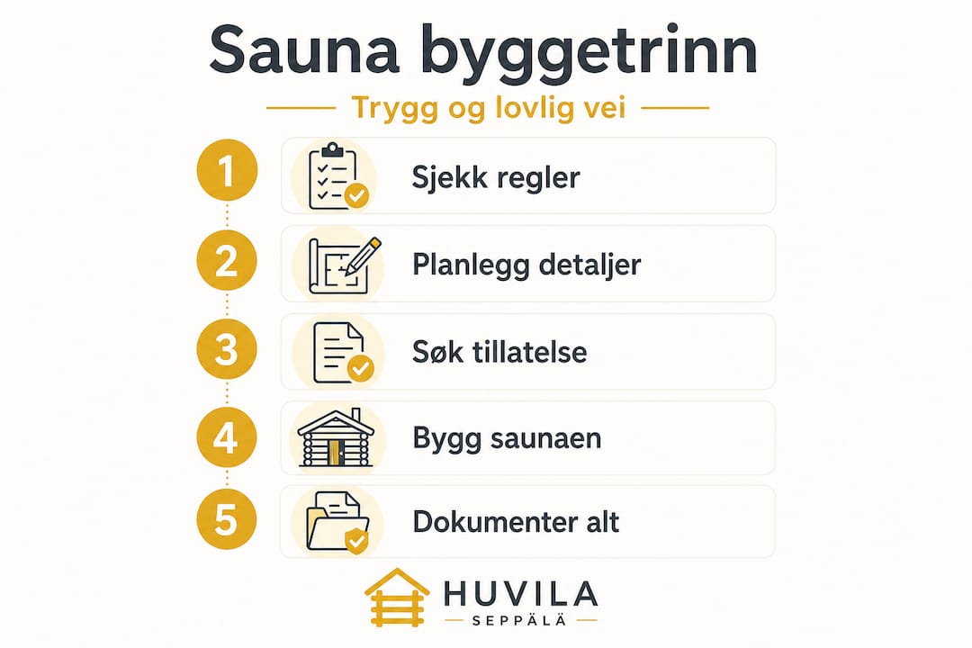 Offentlige krav til sauna: Slik bygger du riktig og trygt 2 Slik bygger du en sauna – steg for steg i infografikk