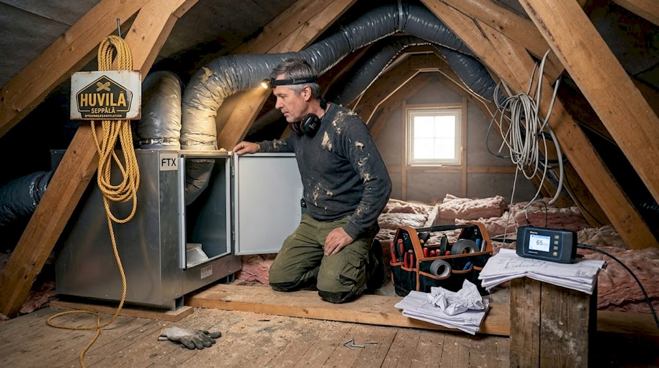 Husventilation: Frisk luft och energieffektivitet i hemmet 2 En tekniker finjusterar ventilationen uppe på vinden.