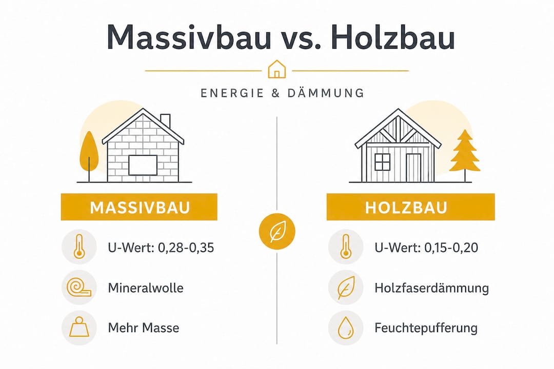 Niedrigenergiehaus im Holzbau: Definition und Planung 3 Infografik: Dämmleistung im Vergleich – Massivbau versus Holzbau