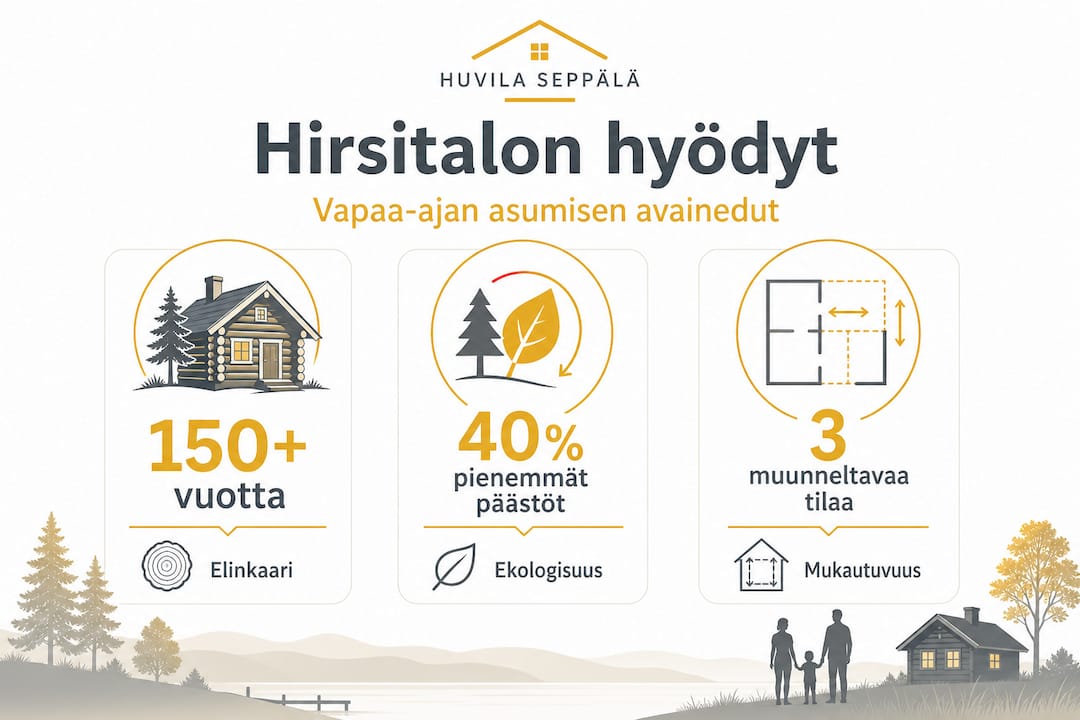 Hirsirakennuksen edut vapaa-ajan asumisessa: mukautuvuutta ja kestävyyttä 2 Infografiikka: Hirsirakentamisen vahvuudet – kestävyys, ympäristöystävällisyys ja muunneltavuus