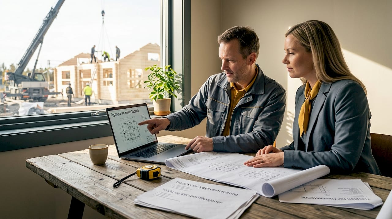 Energikrav for trebygg: Slik følger du 2026-reglene 2 Entreprenører går gjennom byggetegningene for å sjekke at de oppfyller energikravene.