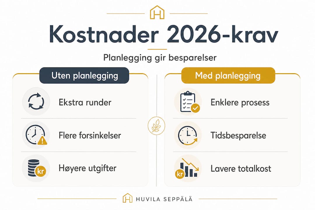 Energikrav for trebygg: Slik følger du 2026-reglene 3 Denne infografikken viser hvor stor forskjell det kan være i kostnader når man planlegger på forhånd, sammenlignet med når man ikke gjør det.