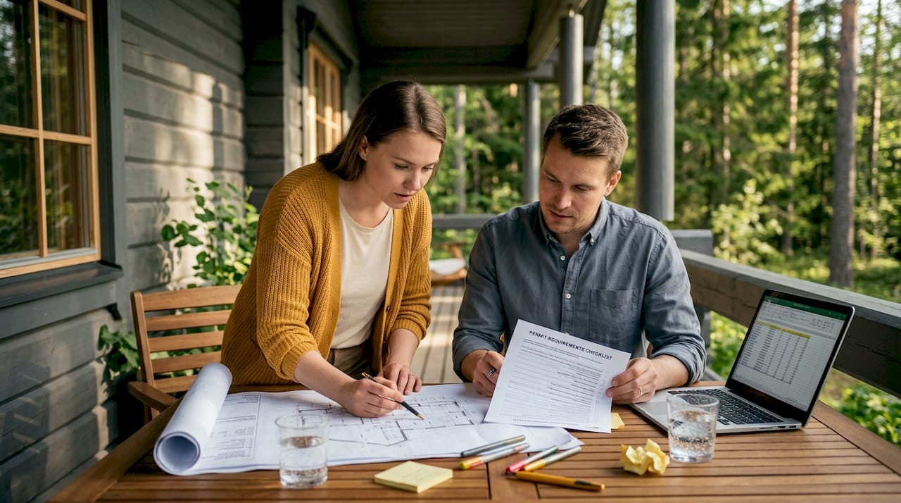 How to get a building permit in Finland: 2026 guide 2 Homeowners reviewing Finnish timber house plans