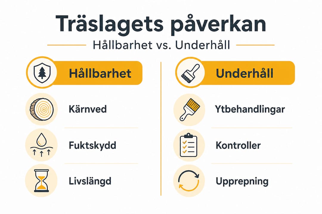 Så påverkar träslag ditt byggprojekt: hållbarhet och funktion 3 Grafik som visar skillnader i hållbarhet och skötsel för olika träslag
