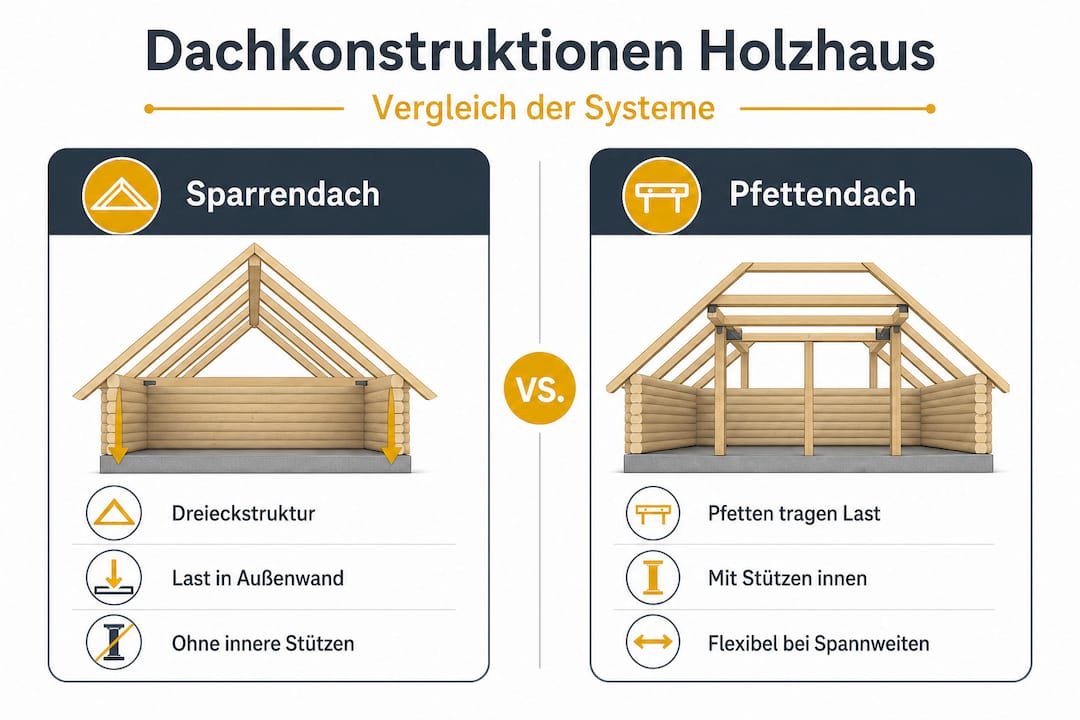 Dachkonstruktion im Holzhaus: Sicher und effizient bauen 3 Infografik: Sparrendach und Pfettendach im direkten Vergleich