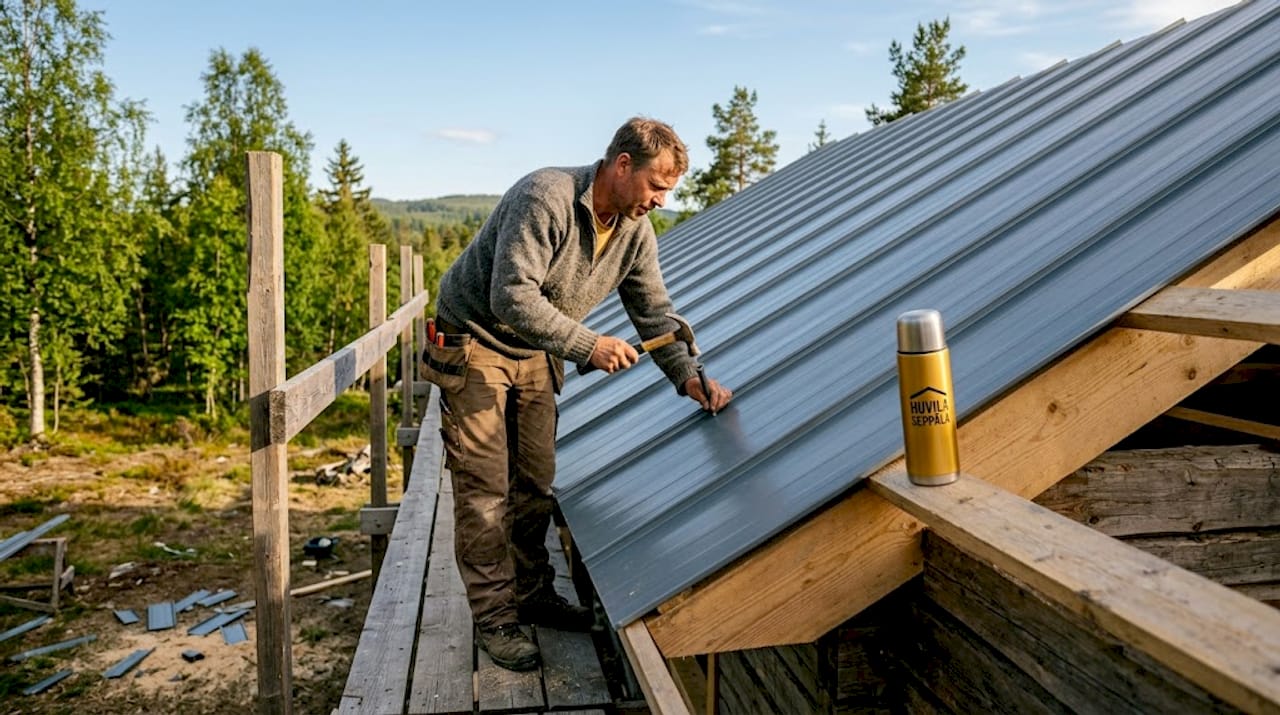Så påverkar taklutningen din stugdesign och hållbarhet 3 Hantverkare monterar plåttak på ett snedställt stugtak.