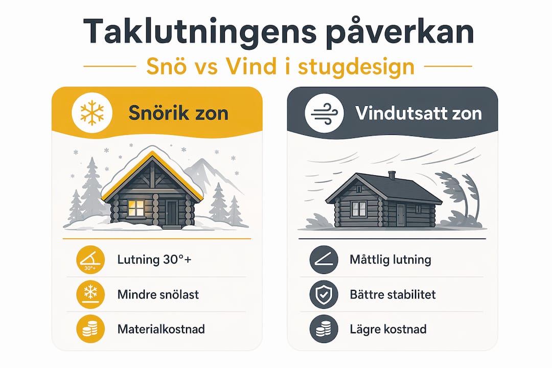 Så påverkar taklutningen din stugdesign och hållbarhet 2 Översiktlig graf som visar hur snö- och vindbelastning påverkar olika taklutningar