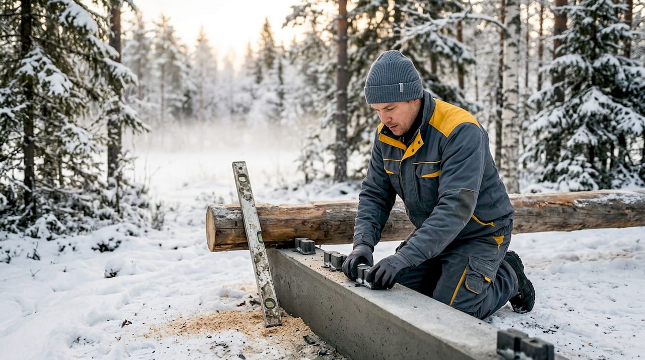 Timber frame teknik: Bygg säkert och hållbart med erfarenhet 3 En byggarbetare justerar grunden till ett timmerhus ute i snön.
