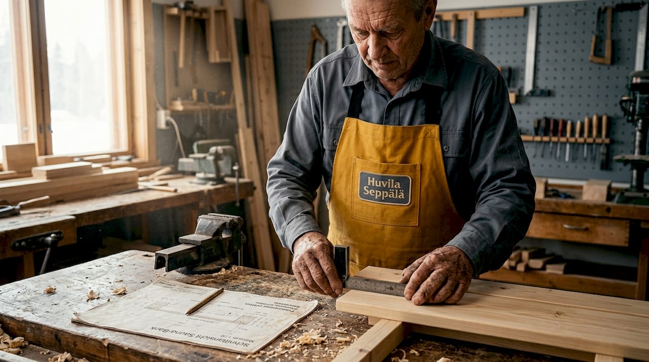 Bergsauna planen: Guide für Holzbau und individuelles Design 3 Ein Handwerker baut in seiner Werkstatt eine Saunabank zusammen.