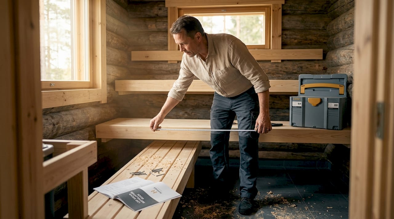 Design your custom sauna: step-by-step guide 3 Man measuring sauna bench layout inside wooden sauna
