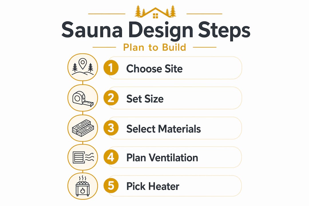 Design your custom sauna: step-by-step guide 2 Infographic showing five sauna design steps vertical flow