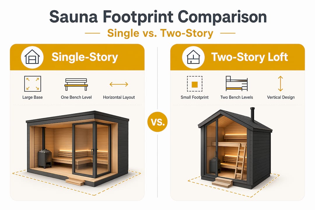 Why two-story saunas maximize space and relaxation 2 Infographic comparing single-story and two-story sauna features