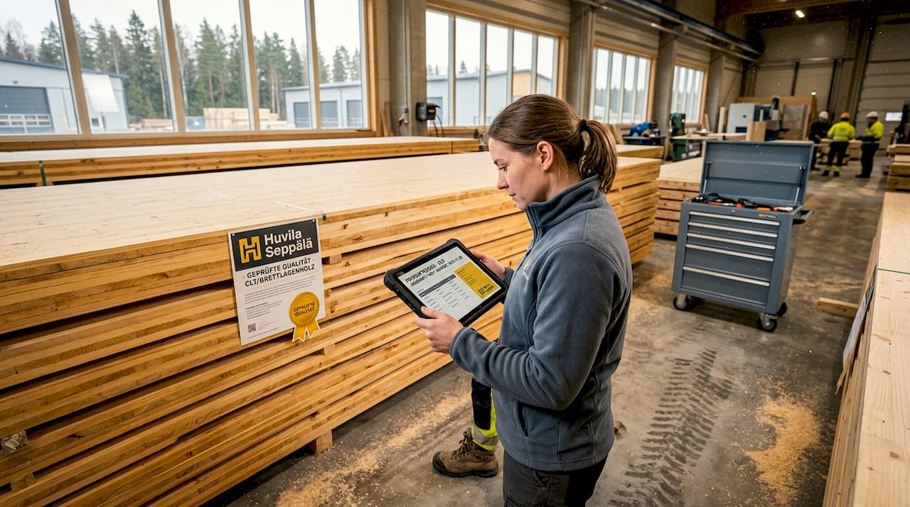 Holzbau-Trends 2026: Innovationen für Ihr Projekt in Finnland 2 Engineer inspecting CLT panels in workshop