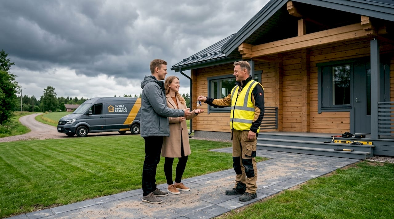 Så beställer du skräddarsydda trähus: Komplett guide 3 En familj flyttar in i sitt nya hem – ett vackert trähus som just blivit klart.
