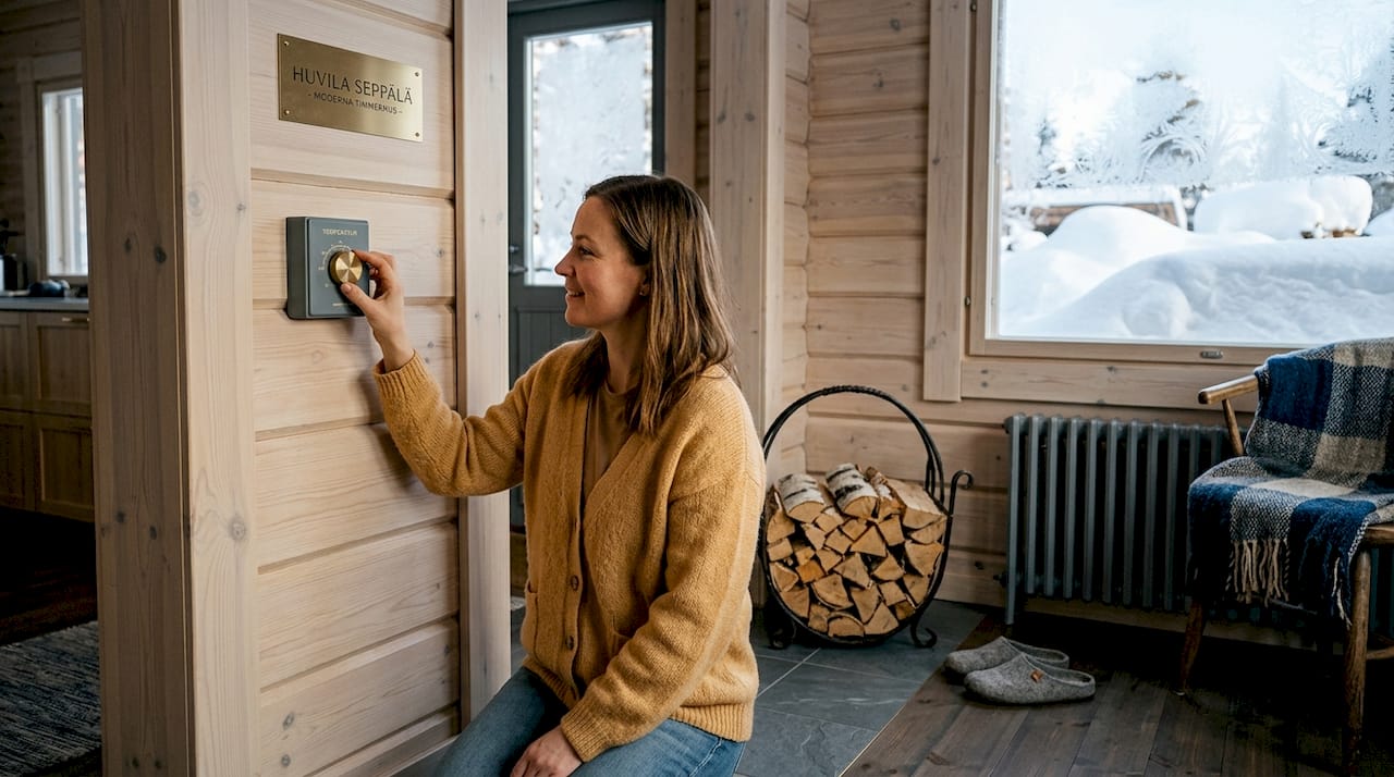 Energiklassning i stugor förklarat: guide för husägare 2 En kvinna finjusterar temperaturen på termostaten i sin mysiga vinterstuga.