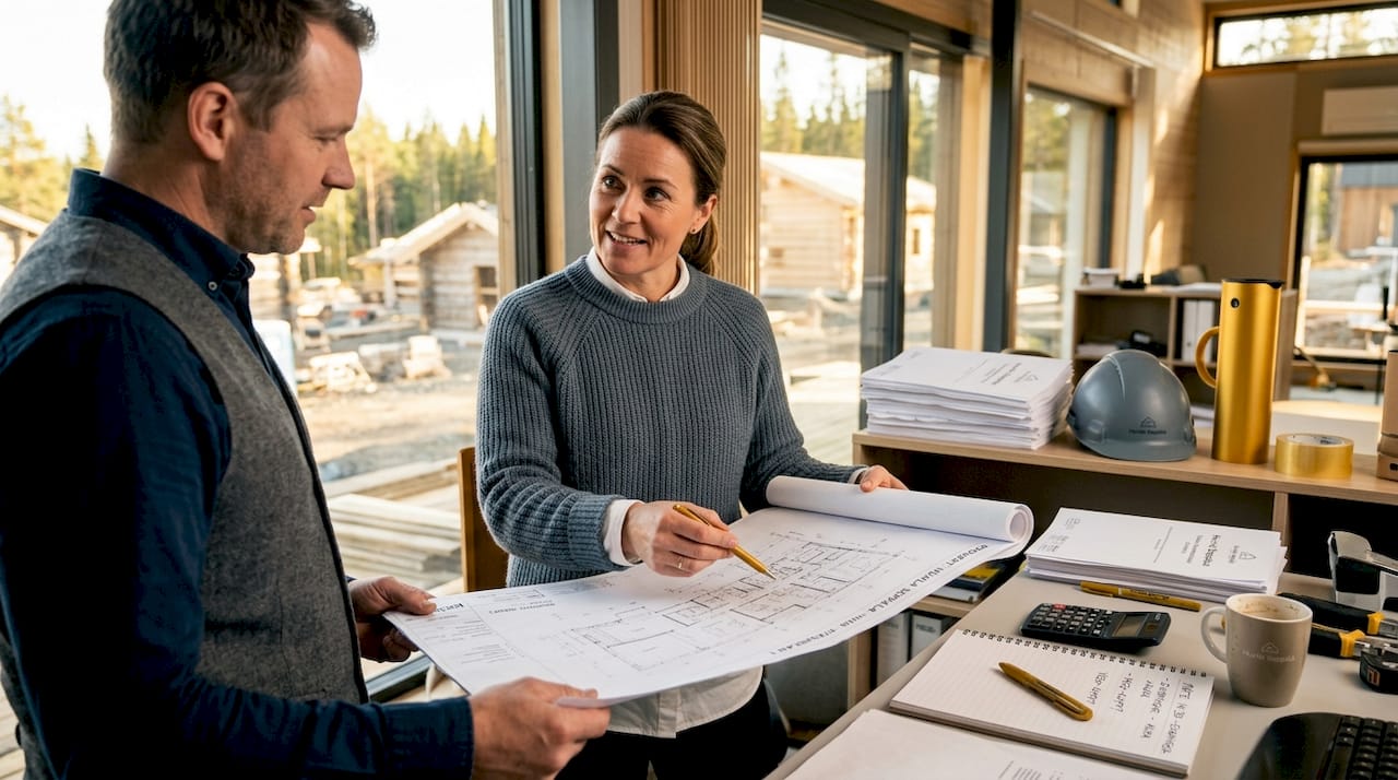 Plantegningers rolle: nøkkelen til vellykket byggeprosess 3 Prosjektlederen står på byggekontoret og går gjennom plantegningene med teamet.