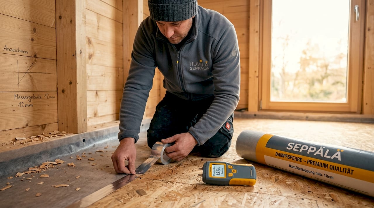 Die Rolle des Bodenaufbaus für Holzbau-Projekte 3 Ein Handwerker bringt eine Dampfsperre als Schutz für den Holzboden an.