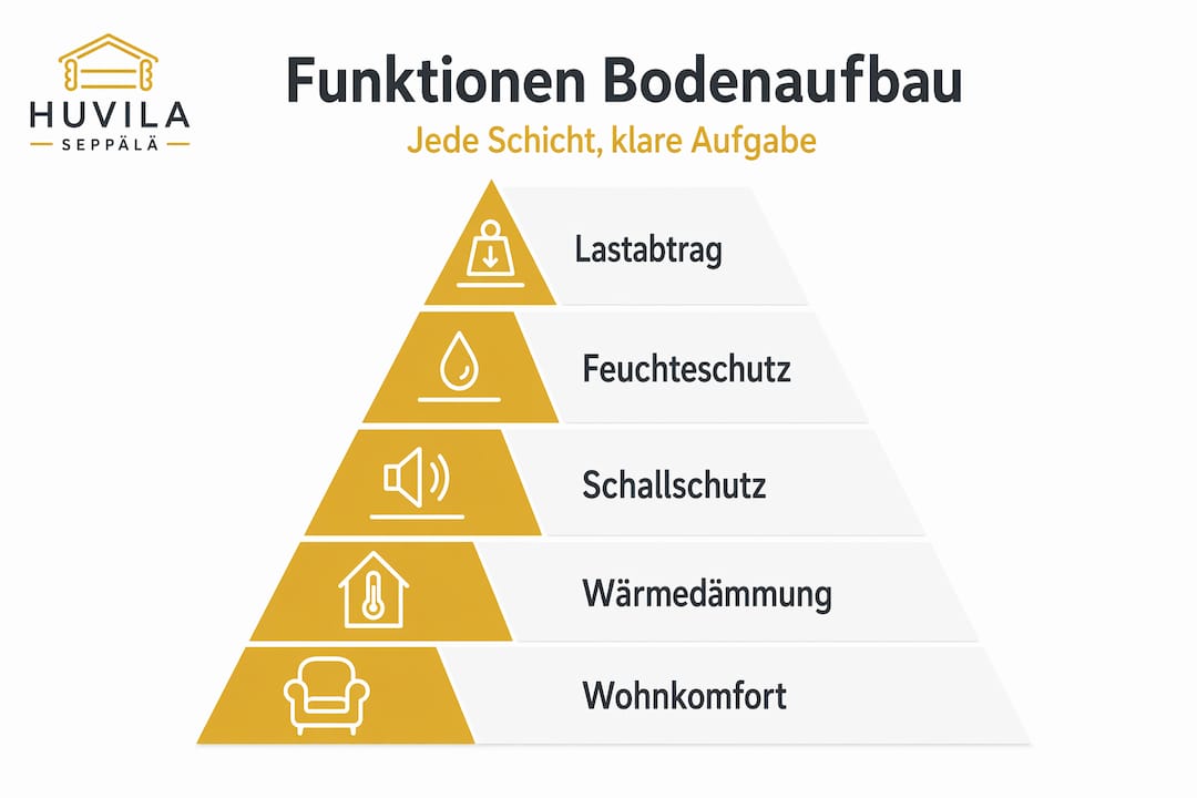 Die Rolle des Bodenaufbaus für Holzbau-Projekte 2 Strukturierte Infografik: Aufbau und grundlegende Funktionen des Bodens