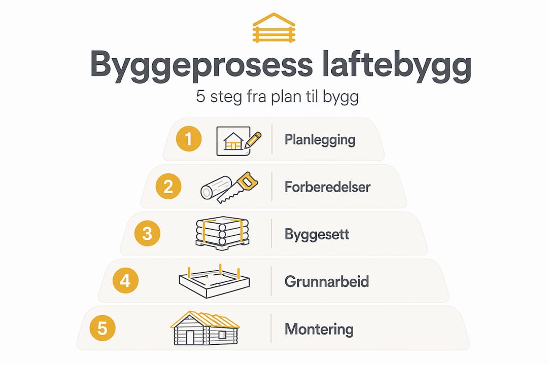 Planlegge skreddersydd laftebygg: komplett guide 3 Illustrasjon som viser de ulike trinnene i byggeprosessen for et laftet hus