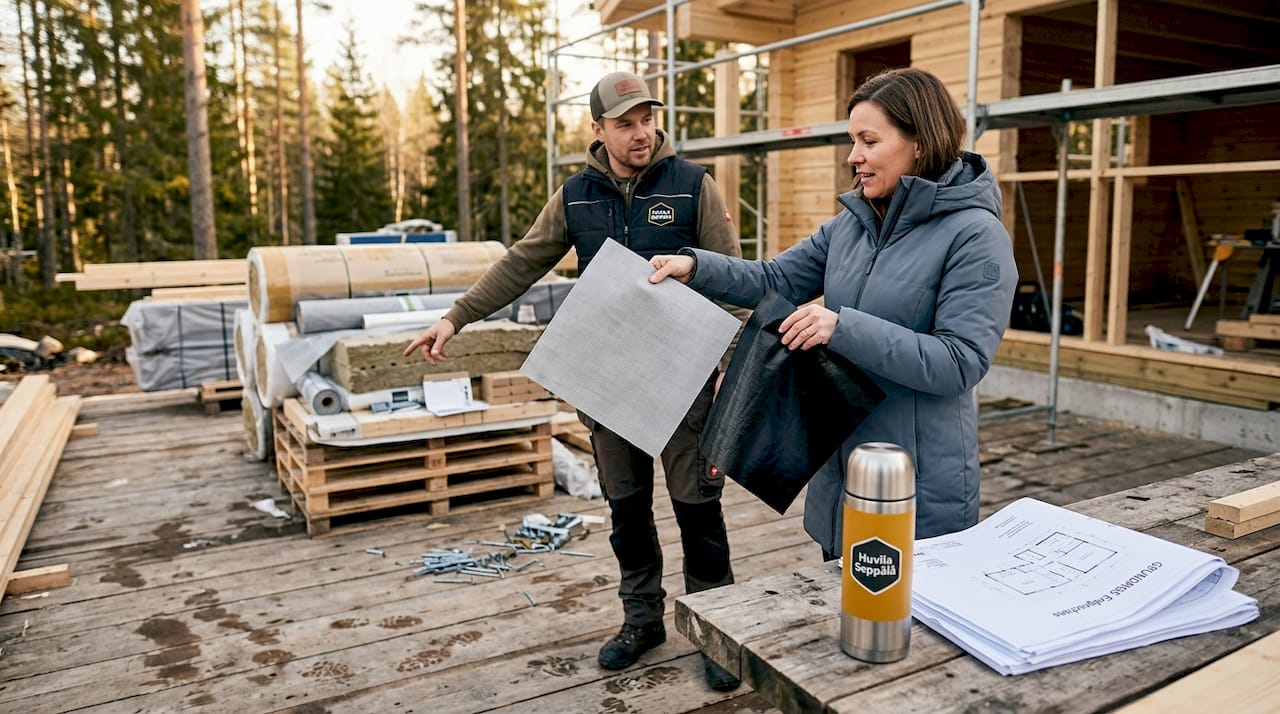 Winddichtung im Holzbau: Was Bauherren wissen müssen 3 Der Projektleiter begutachtet vor Ort verschiedene Materialien für Windschutzwände und vergleicht deren Eigenschaften.