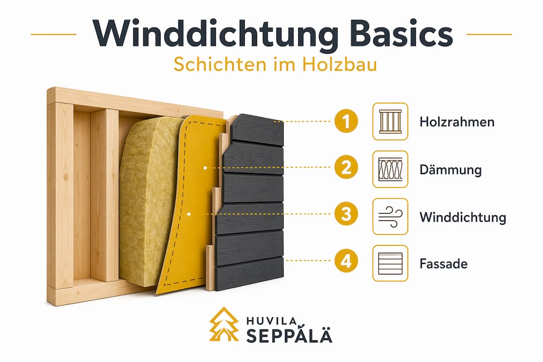Winddichtung im Holzbau: Was Bauherren wissen müssen 2 Anschauliche Grafik zum Aufbau und zur Schichtung im Holzbau mit besonderem Fokus auf die Winddichtheit.