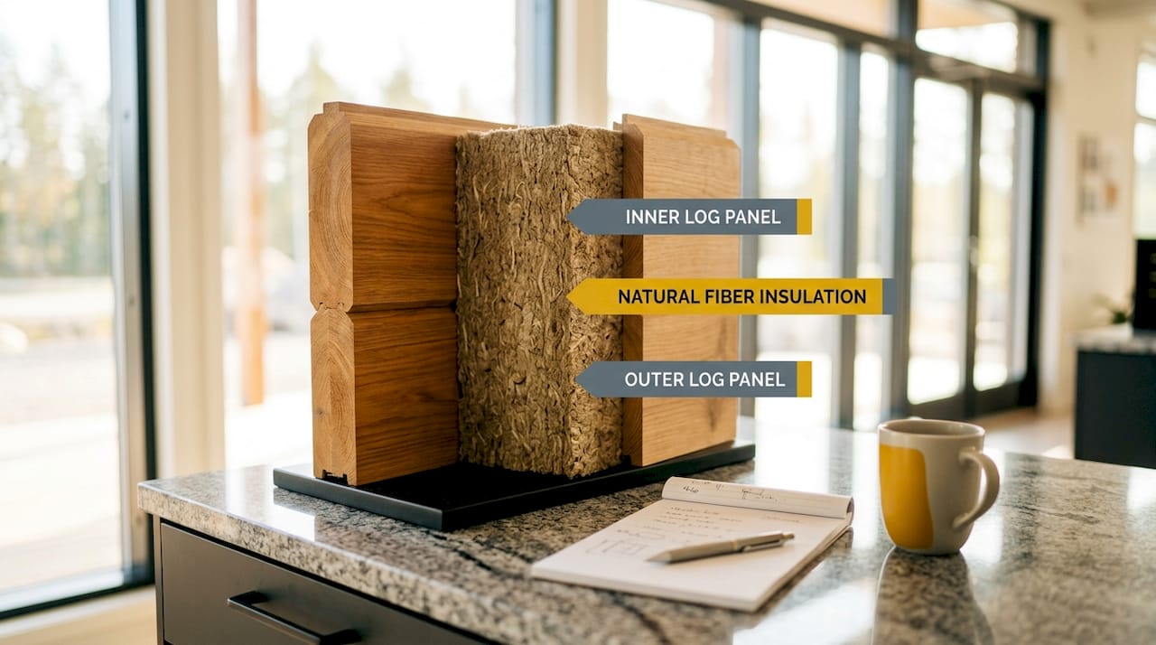 Why opt for modular log buildings: a Finnish guide 3 Log wall sample showing insulation layers and labeling