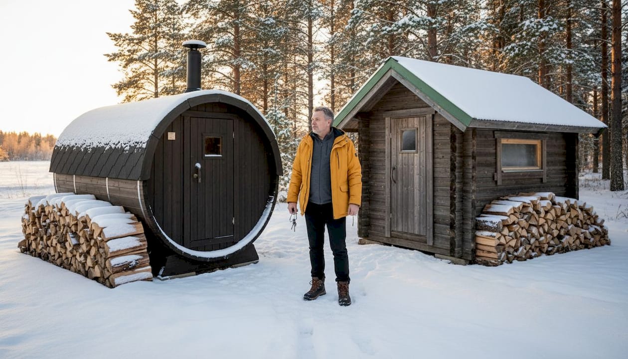 Winterfeste Saunen: Erklärung für Hausbesitzer in Finnland 3 Ein Hausbesitzer vergleicht im eigenen Garten, ob für ihn eine Fasssauna oder eine klassische Saunahütte besser geeignet ist.