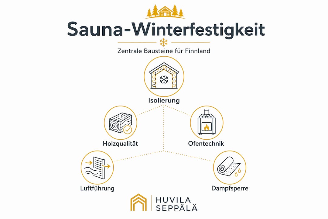 Winterfeste Saunen: Erklärung für Hausbesitzer in Finnland 2 Übersichtsgrafik: Die wichtigsten Komponenten für eine winterfeste Sauna im Überblick